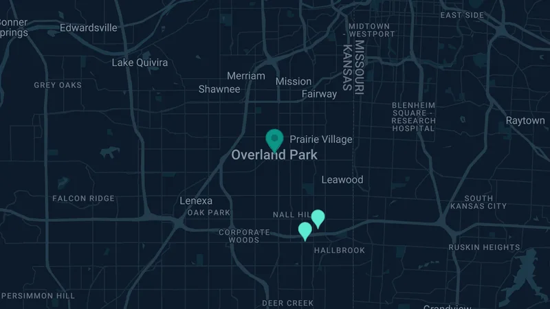 Map of Overland Park, Kansas: 6 documented asbestos exposure sites