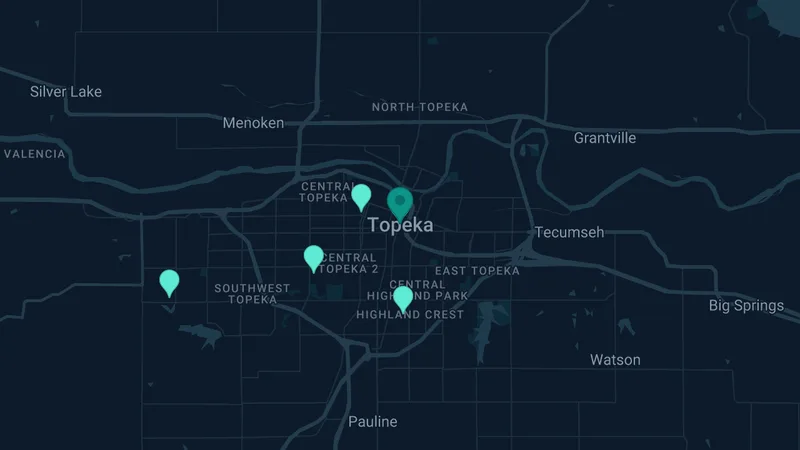 Map of Topeka, Kansas: 5 documented asbestos exposure sites