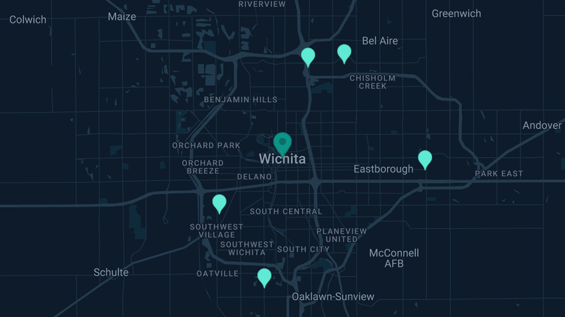 Map of Wichita, Kansas — 8 documented asbestos exposure sites