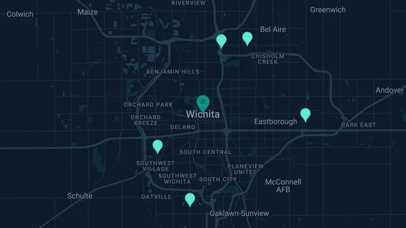 Map of Wichita, Kansas: 8 documented asbestos exposure sites