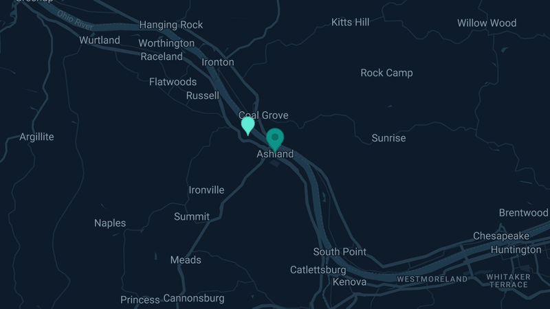Map of Ashland, Kentucky — 3 documented asbestos exposure sites