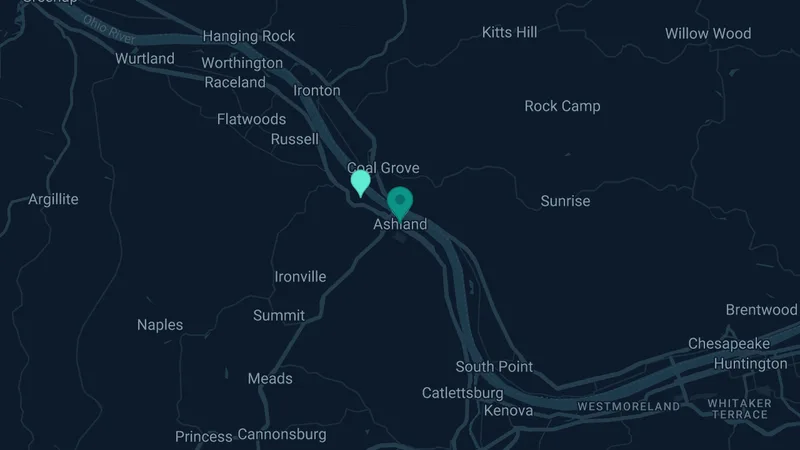 Map of Ashland, Kentucky: 3 documented asbestos exposure sites