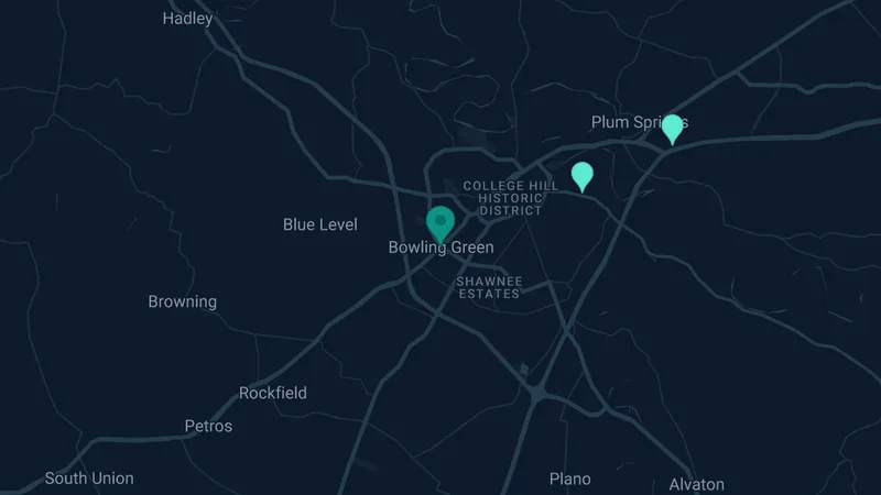 Map of Bowling Green, Kentucky: 3 documented asbestos exposure sites