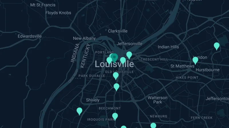 Map of Louisville, Kentucky: 15 documented asbestos exposure sites