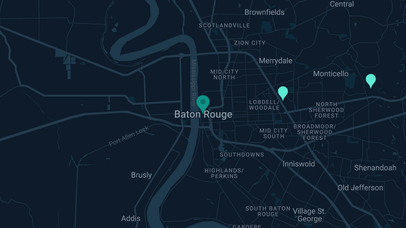 Map of Baton Rouge, Louisiana — 2 documented asbestos exposure sites