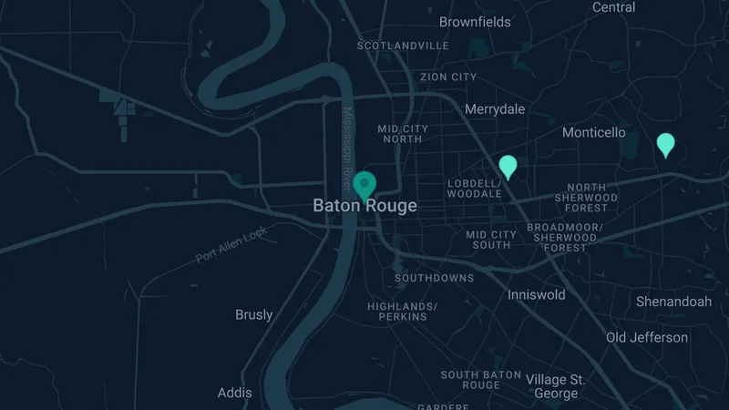 Map of Baton Rouge, Louisiana: 2 documented asbestos exposure sites
