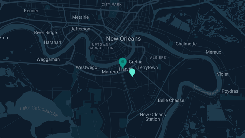 Map of Harvey, Louisiana — 5 documented asbestos exposure sites