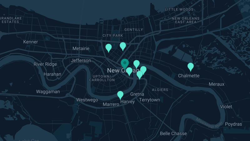 Map of New Orleans, Louisiana — 14 documented asbestos exposure sites