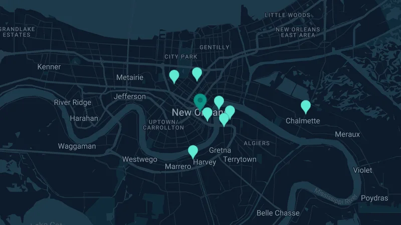 Map of New Orleans, Louisiana: 14 documented asbestos exposure sites