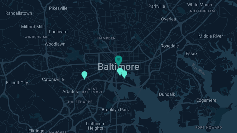 Map of Baltimore, Maryland — 6 documented asbestos exposure sites