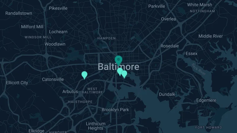 Map of Baltimore, Maryland: 6 documented asbestos exposure sites