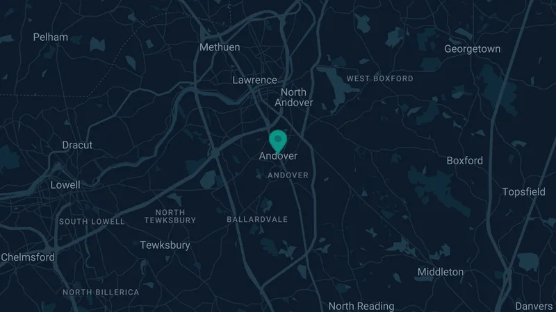 Map of Andover, Massachusetts: 2 documented asbestos exposure sites