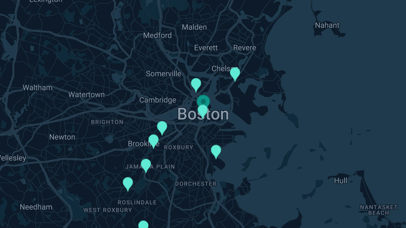 Map of Boston, Massachusetts — 13 documented asbestos exposure sites
