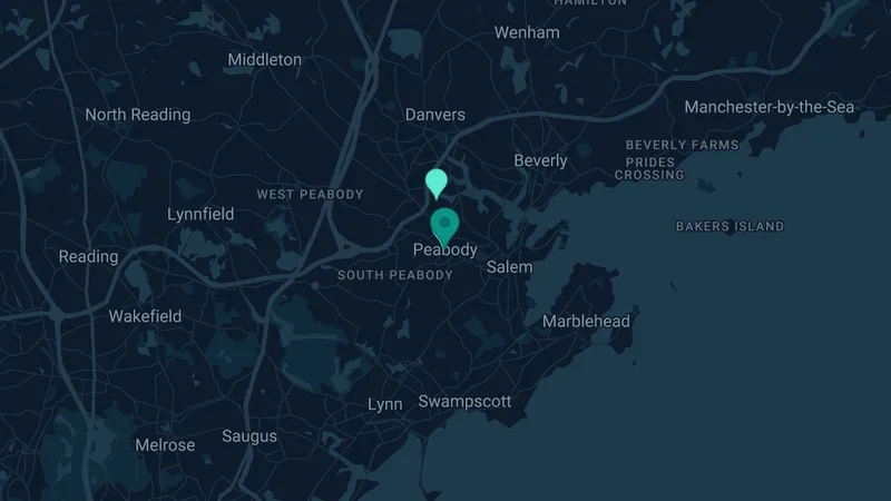Map of Peabody, Massachusetts: 2 documented asbestos exposure sites