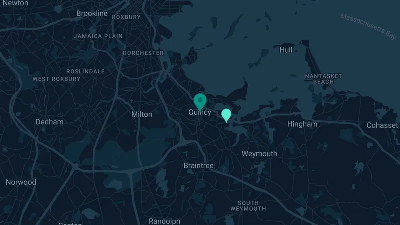 Map of Quincy, Massachusetts: 2 documented asbestos exposure sites
