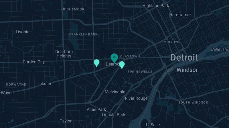 Map of Dearborn, Michigan — 2 documented asbestos exposure sites