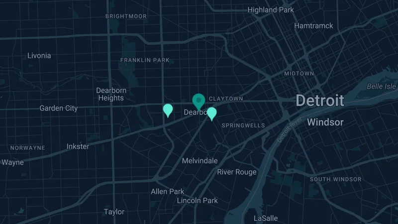 Map of Dearborn, Michigan: 2 documented asbestos exposure sites