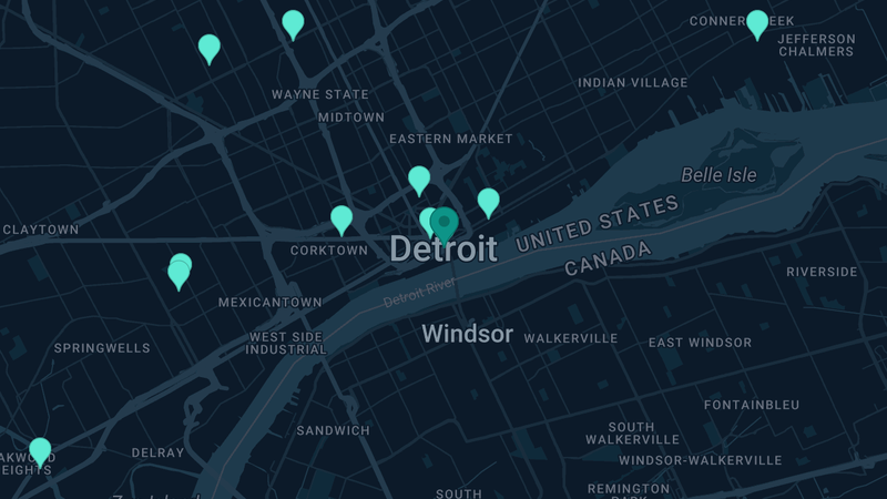 Map of Detroit, Michigan — 34 documented asbestos exposure sites