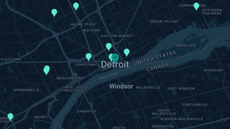 Map of Detroit, Michigan: 34 documented asbestos exposure sites