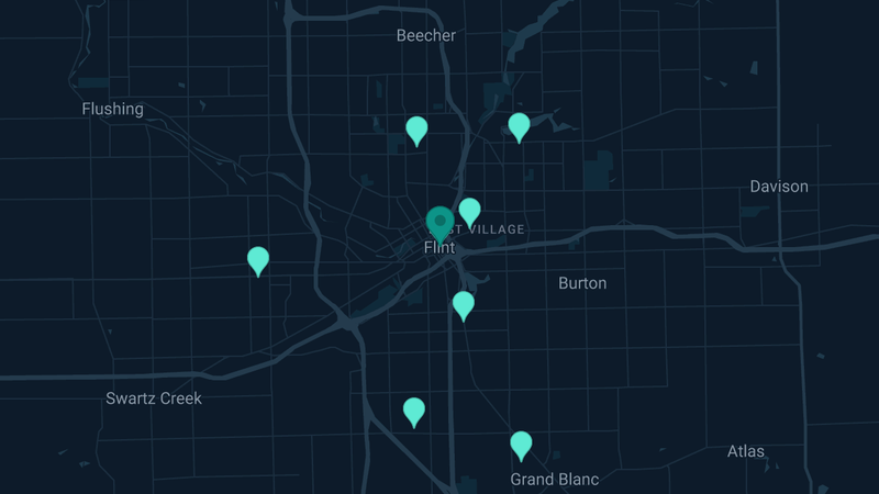 Map of Flint, Michigan — 17 documented asbestos exposure sites