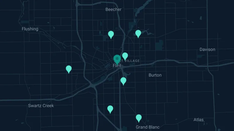 Map of Flint, Michigan: 17 documented asbestos exposure sites