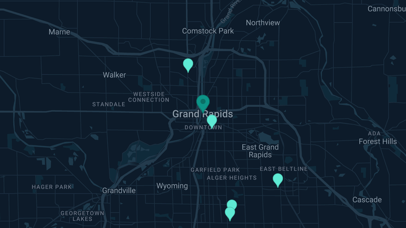 Map of Grand Rapids, Michigan — 10 documented asbestos exposure sites