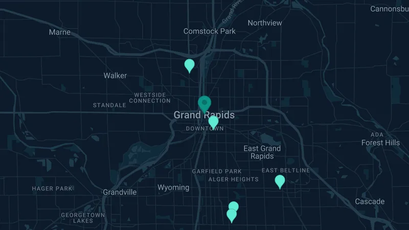 Map of Grand Rapids, Michigan: 10 documented asbestos exposure sites