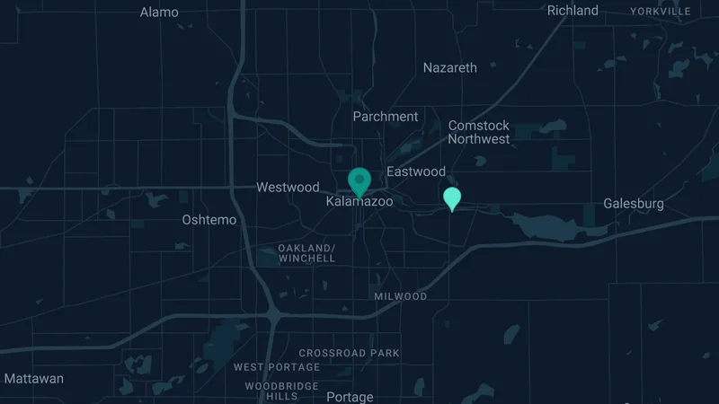 Map of Kalamazoo, Michigan: 2 documented asbestos exposure sites