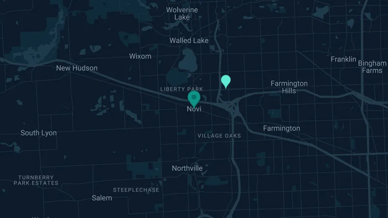 Map of Novi, Michigan: 2 documented asbestos exposure sites