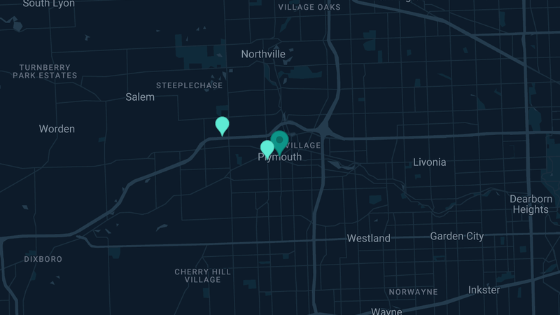 Map of Plymouth, Michigan — 2 documented asbestos exposure sites