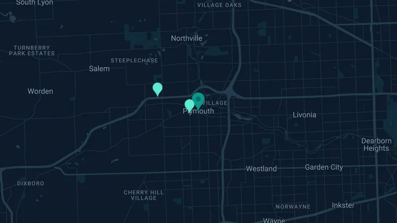Map of Plymouth, Michigan: 2 documented asbestos exposure sites