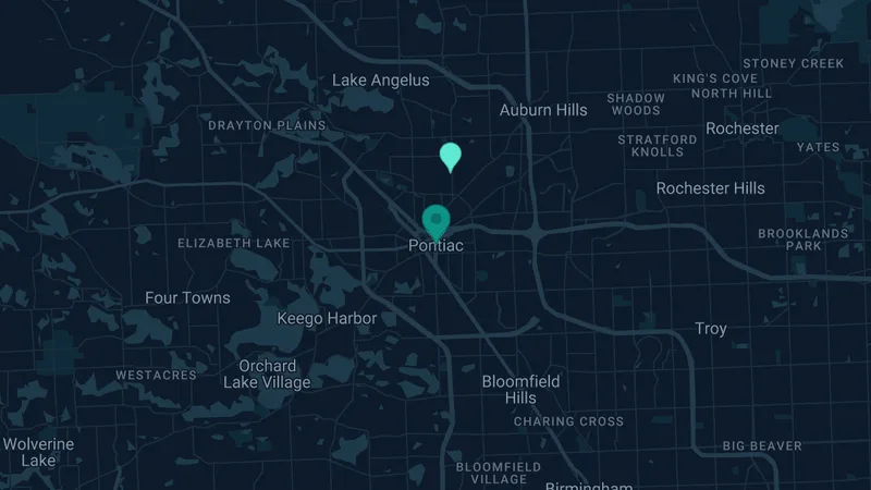 Map of Pontiac, Michigan: 2 documented asbestos exposure sites