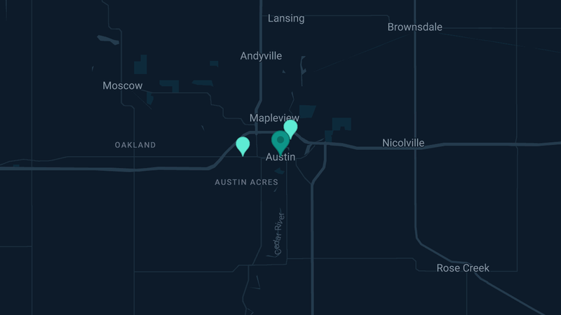 Map of Austin, Minnesota — 2 documented asbestos exposure sites