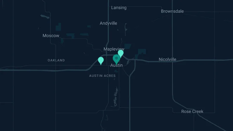 Map of Austin, Minnesota: 2 documented asbestos exposure sites
