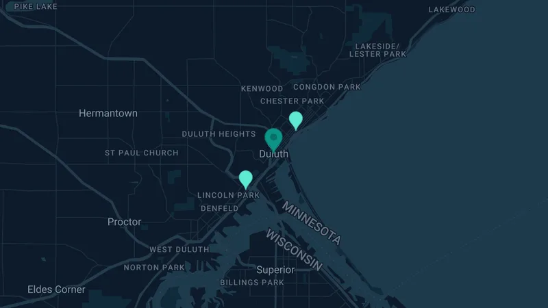Map of Duluth, Minnesota: 6 documented asbestos exposure sites
