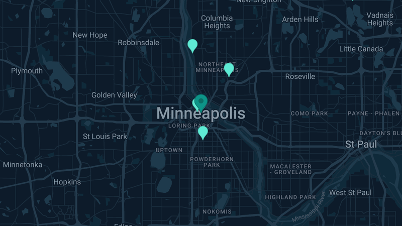 Map of Minneapolis, Minnesota — 10 documented asbestos exposure sites