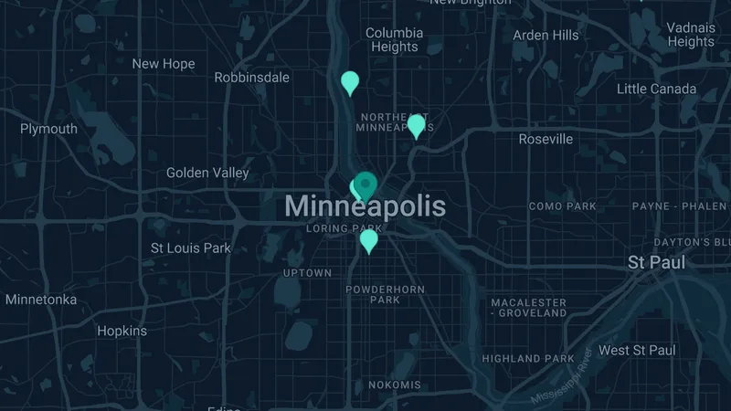 Map of Minneapolis, Minnesota: 10 documented asbestos exposure sites