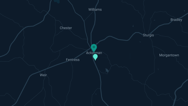 Map of Ackerman, Mississippi — 2 documented asbestos exposure sites