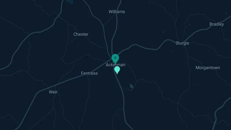 Map of Ackerman, Mississippi: 2 documented asbestos exposure sites