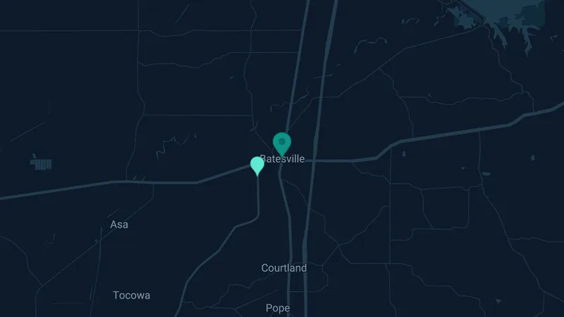 Map of Batesville, Mississippi: 3 documented asbestos exposure sites
