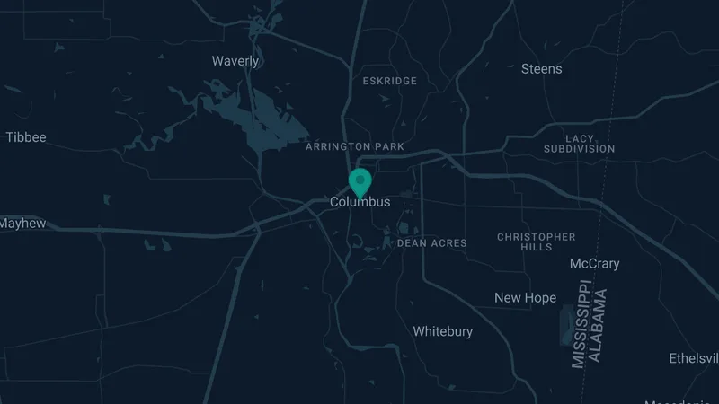 Map of Columbus, Mississippi: 2 documented asbestos exposure sites