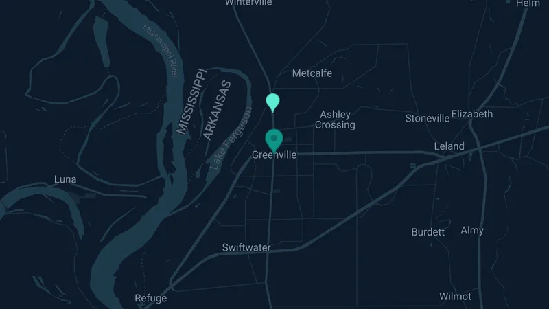 Map of Greenville, Mississippi: 4 documented asbestos exposure sites