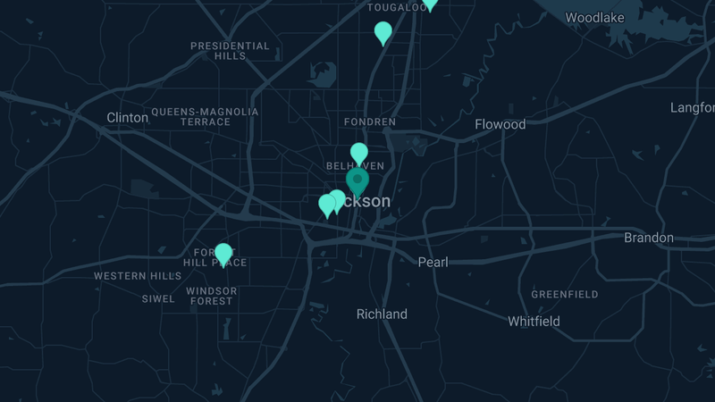 Map of Jackson, Mississippi — 8 documented asbestos exposure sites
