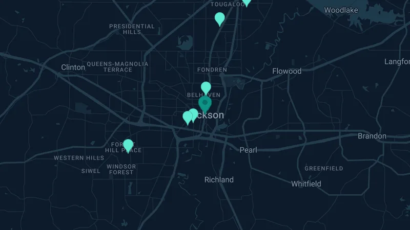 Map of Jackson, Mississippi: 8 documented asbestos exposure sites