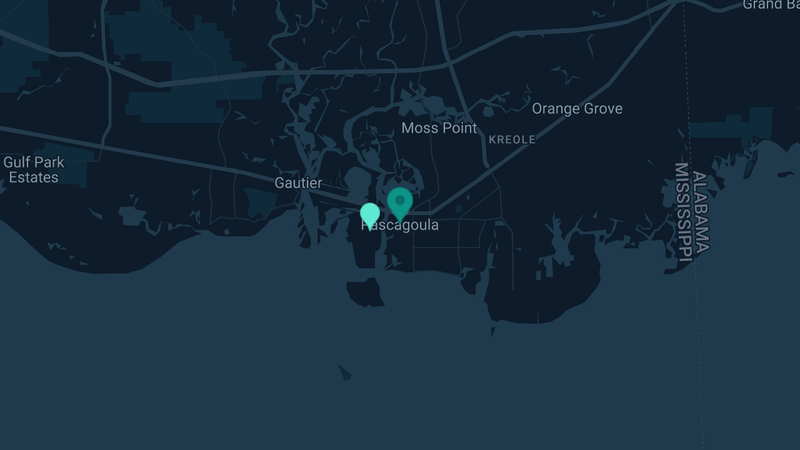 Map of Pascagoula, Mississippi — 5 documented asbestos exposure sites