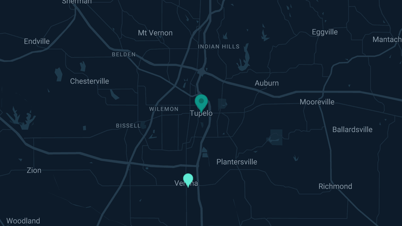 Map of Tupelo, Mississippi — 4 documented asbestos exposure sites