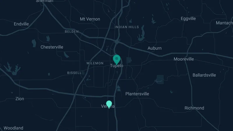 Map of Tupelo, Mississippi: 4 documented asbestos exposure sites
