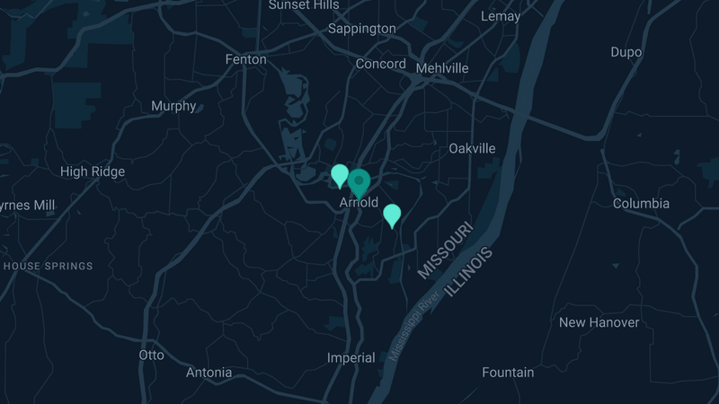 Map of Arnold, Missouri — 3 documented asbestos exposure sites