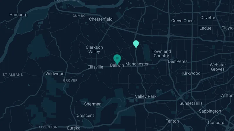 Map of Ballwin, Missouri: 4 documented asbestos exposure sites