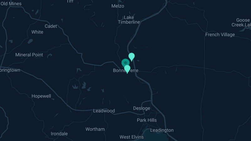 Map of Bonne Terre, Missouri — 2 documented asbestos exposure sites